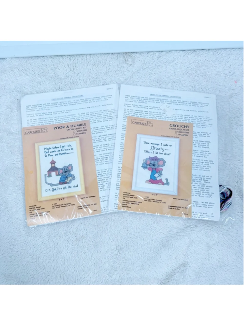 Vtg 1987 Carousel Crafts Counted Cross Stitch Kit Lot 2 Mouse Carole Jackson 5x7